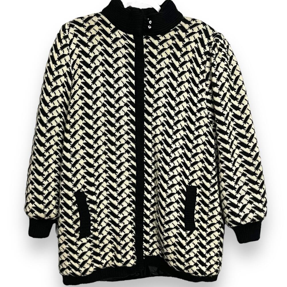Vintage HMS Outerbound Sweater Coat Womens 22 Black White Herringbone Zip Cozy
